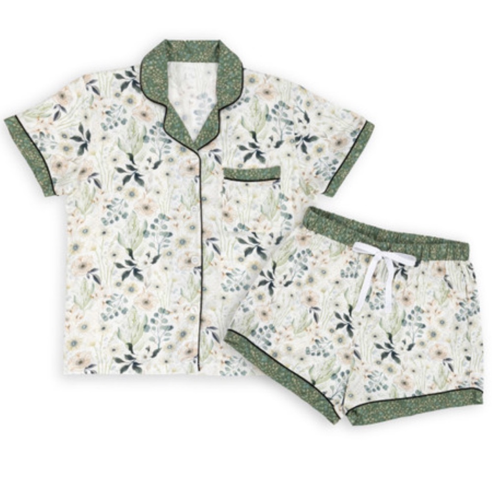 Demdaco Floral Short Pajama Set in Green and Cream
